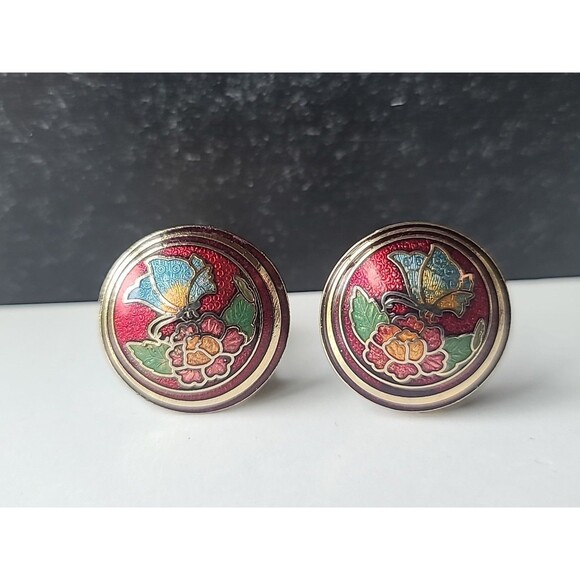 Cloisonne Enamel Butterfly And Floral Circular Shaped Clip-on Earrings Vintage - Picture 2 of 10